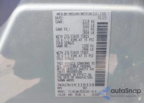 2023 Nissan Murano Sv Fwd z USA, uszkodzony, nr VIN 5N1AZ2BJ1PC119319